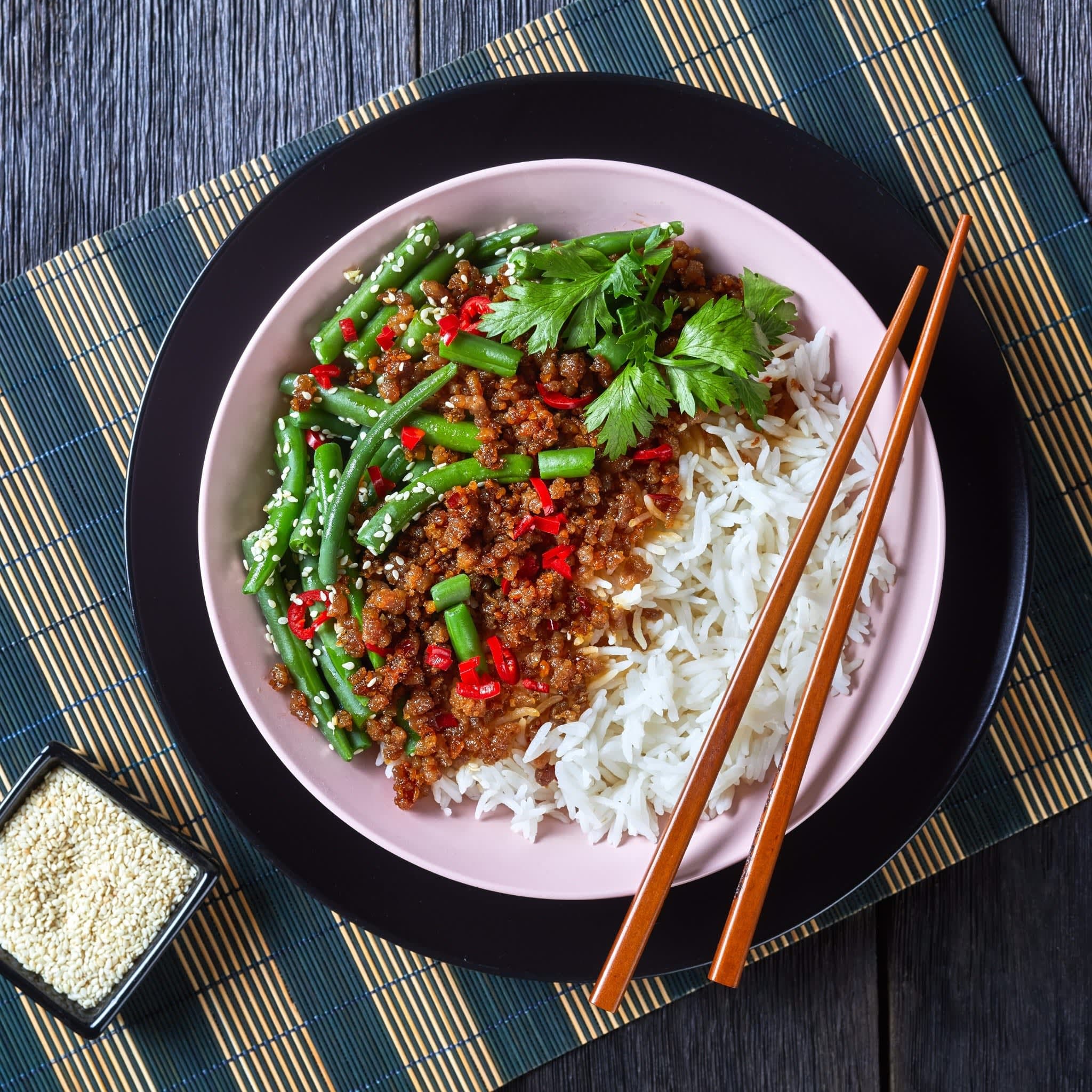 Pork & Green Bean Stir-Fry over Sushi Rice